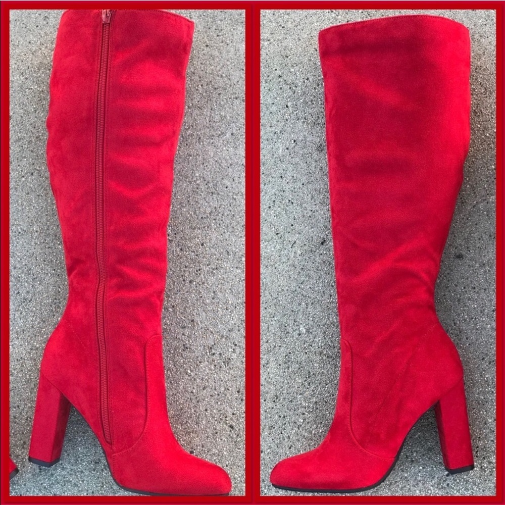 1 Left Soda Red Faux Suede Knee High Heeled Boot - Picture 4 of 5